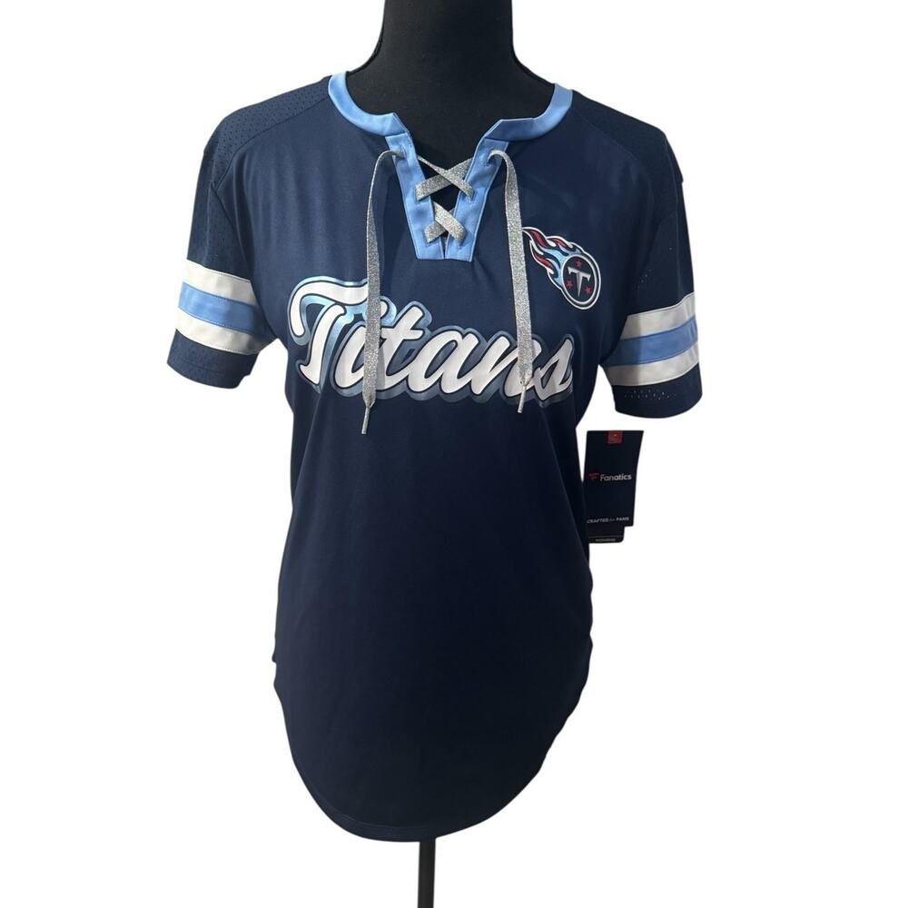 NWT! Fanatics Tennessee Titans Navy Lace-Up Rhinestone Bling T-Shirt - Size XS - Picture 4 of 6